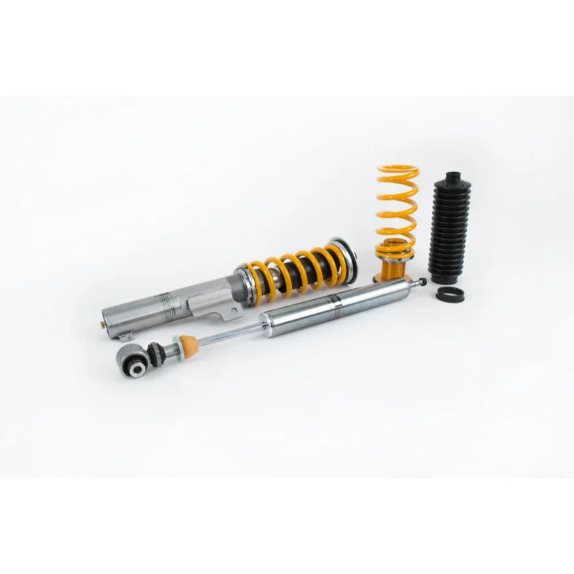 Ohlins Road & Track Coilovers DFV 1-way for Audi A3 8V FWD, TUV approved, showing adjustable coilover suspension components.