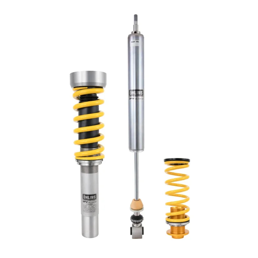 Ohlins Road & Track Coilovers DFV 1-way for Audi RS4 RS5 B8 2012-2017, TUV approved, showing coilover components and branding.