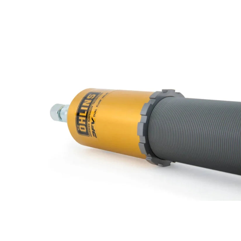 Ohlins Road & Track Coilovers DFV 1-way for BMW M3 F80, M4 F82, M4 CS, and M4 Comp, TUV approved, shown installed on vehicle.