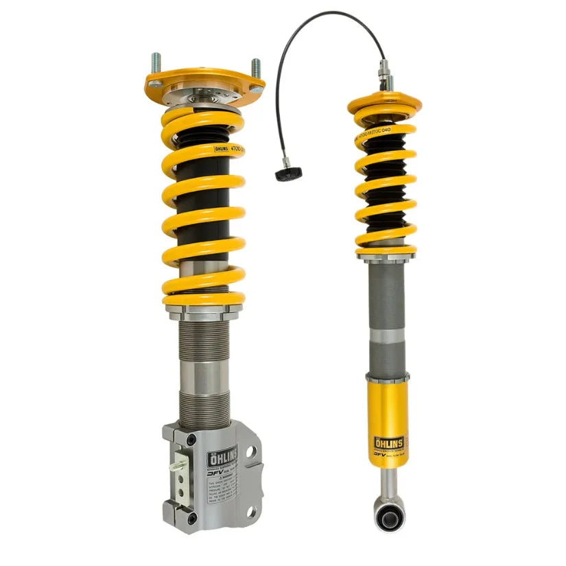Ohlins Road & Track Coilovers DFV 1-way for Mitsubishi Lancer Evo 10 CZ0 2007-2016, TUV approved, showing adjustable coilover components