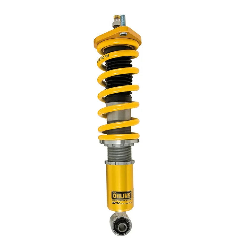 Ohlins Road & Track Coilovers DFV 1-way for Subaru Impreza WRX STI V1 G3, with adjustable shocks and TUV approval.