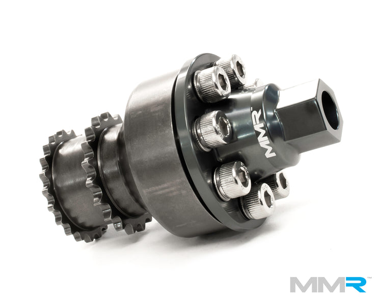 MMX Performance single-piece crank hub upgrade for BMW S55 and N55 engines, shown on engine component with detailed capture plate