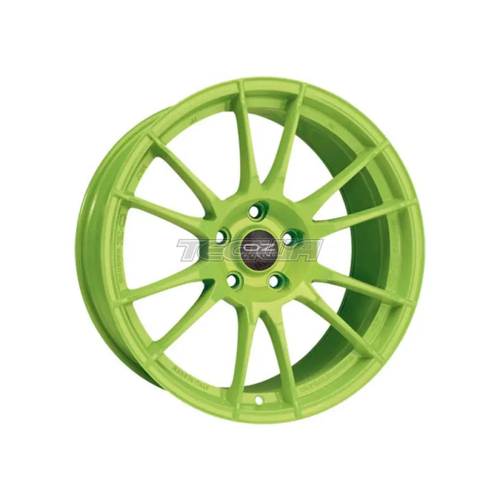 OZ Racing 55mm alloy wheel center cap on Ultraleggera HLT wheel with acid green finish, 5x120 bolt pattern, 19-inch diameter.