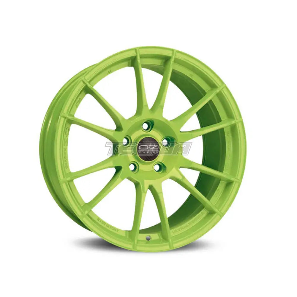 OZ Racing Ultraleggera HLT CL alloy wheel in acid green with a sleek, lightweight design for sporty vehicles.
