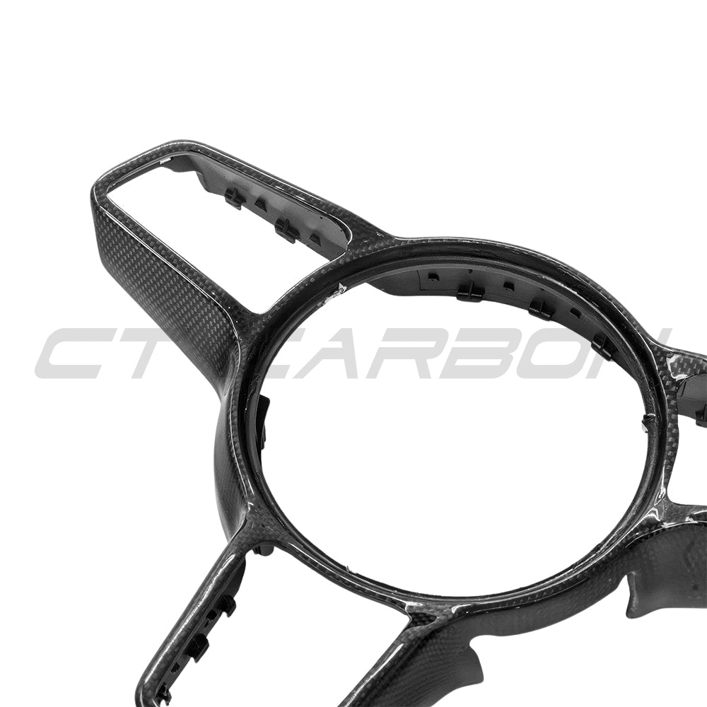CT Carbon steering wheel trim with Sport Chrono for Porsche 911, Cayman, Boxster, Cayenne, Macan models 2013+ showing close-up detail