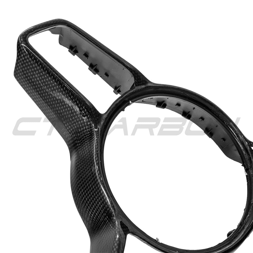 CT Carbon Porsche 911, Cayman, Boxster, Cayenne, Macan steering wheel trim with Sport Chrono for 2013+ models.