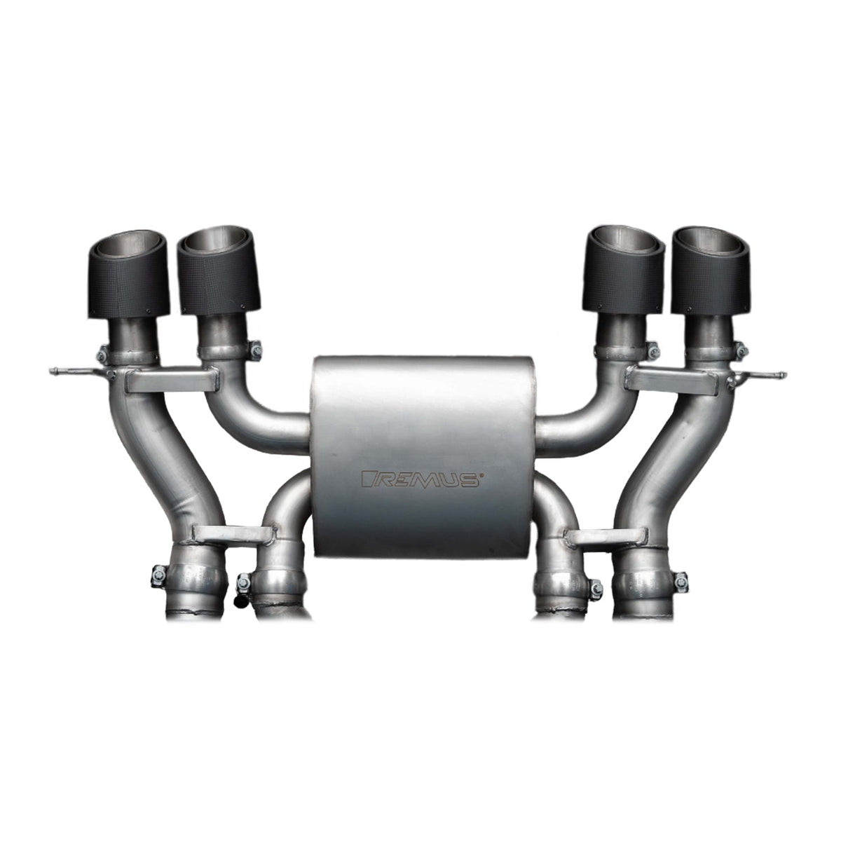 Remus BMW G87 M2 racing GPF back exhaust system with sleek stainless steel design and dual exhaust tips visible.