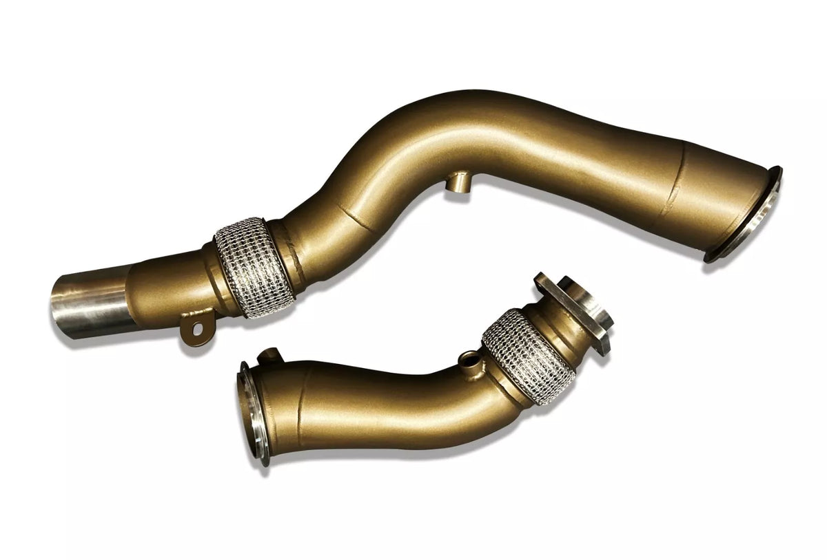 SLN Performance ceramic-coated BMW S55 decat downpipes for M2C F87 M3 F80 M4 F82, 3.5-inch stainless steel exhaust components