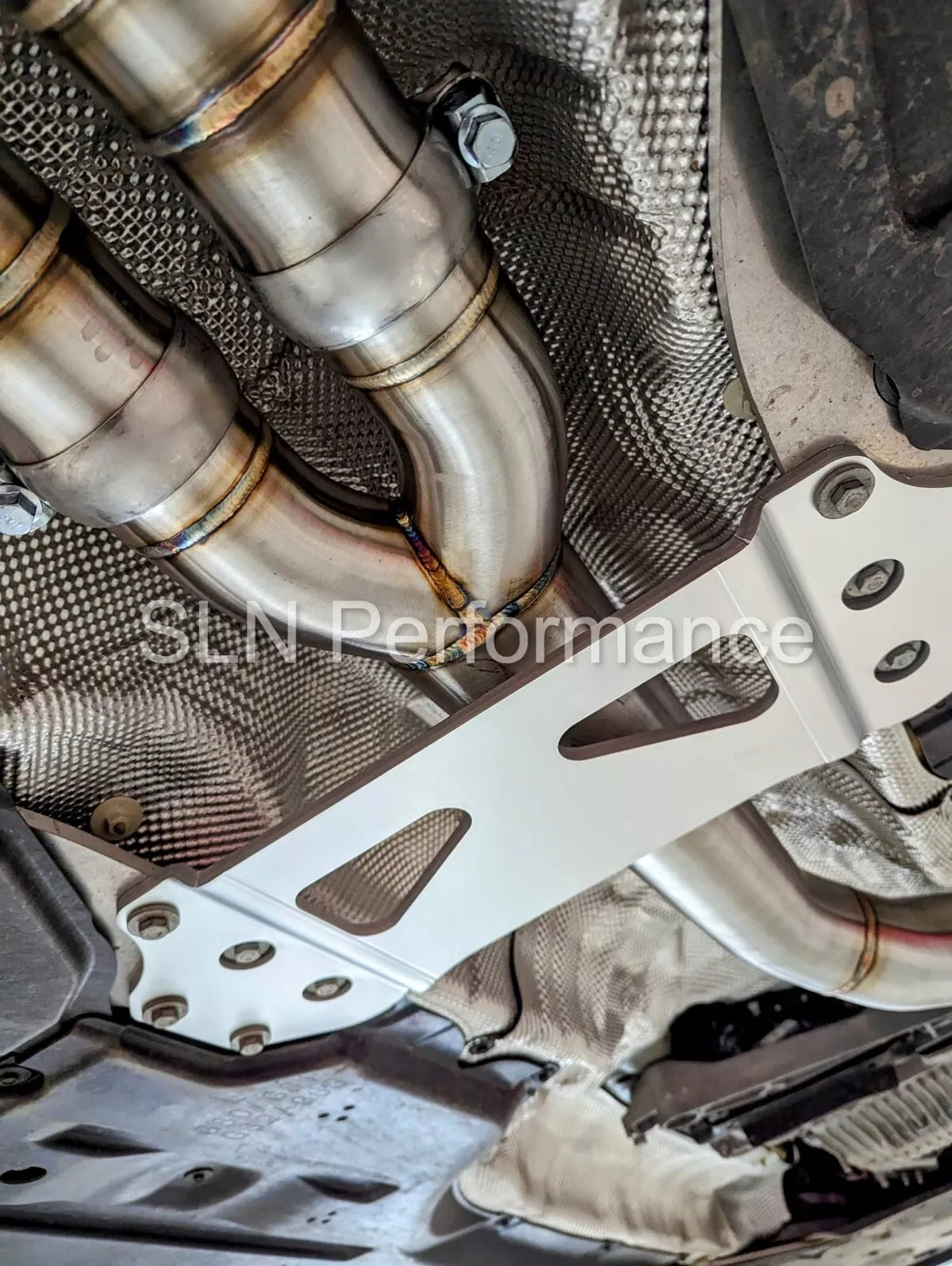 SLN Performance BMW S58 M3 G80 M4 G82 X3M X4M LCI single mid pipe centre section with under-brace, stainless steel exhaust part