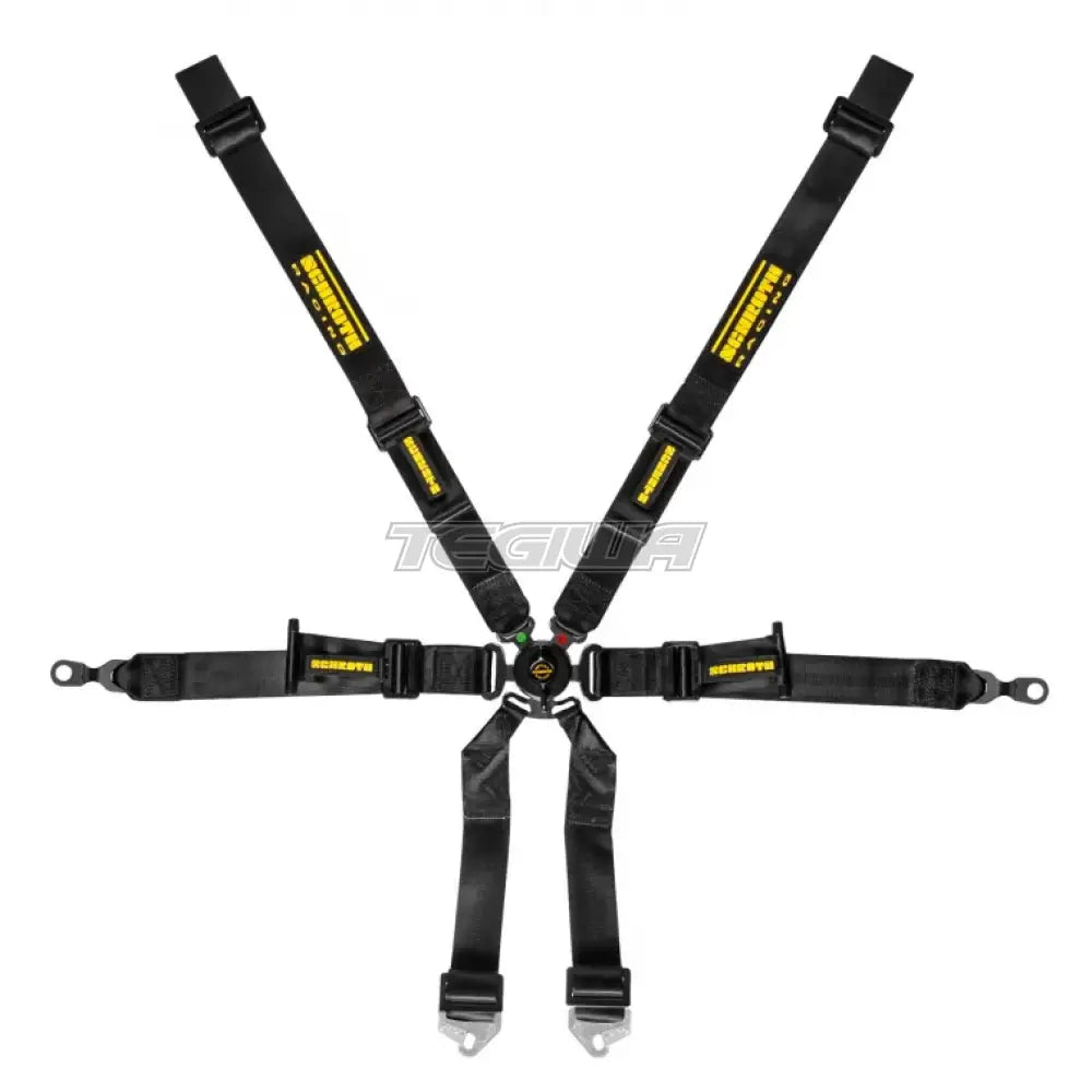 Black Schroth FHR 6 Point 2x2 OEM Porsche 996/997 Profi harness for racing and safety, with detailed straps and buckles.