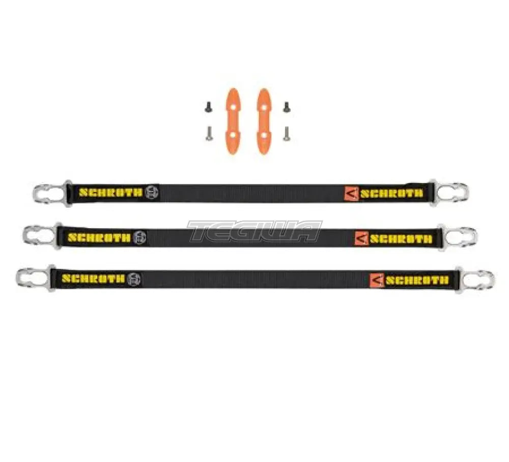 Schroth HANS Tethers for racing harnesses, black fabric straps with metal clips, designed for safety and secure fastening.