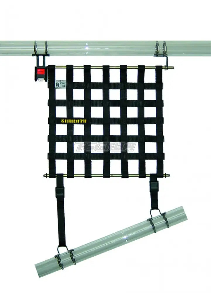 Large black Schroth window net with hardware included, shown with miscellaneous parts and trim for vehicle safety and protection.