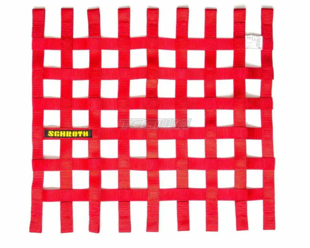 Large red Schroth window net without hardware, featuring mesh and trim for vehicle safety and accessory enhancement.