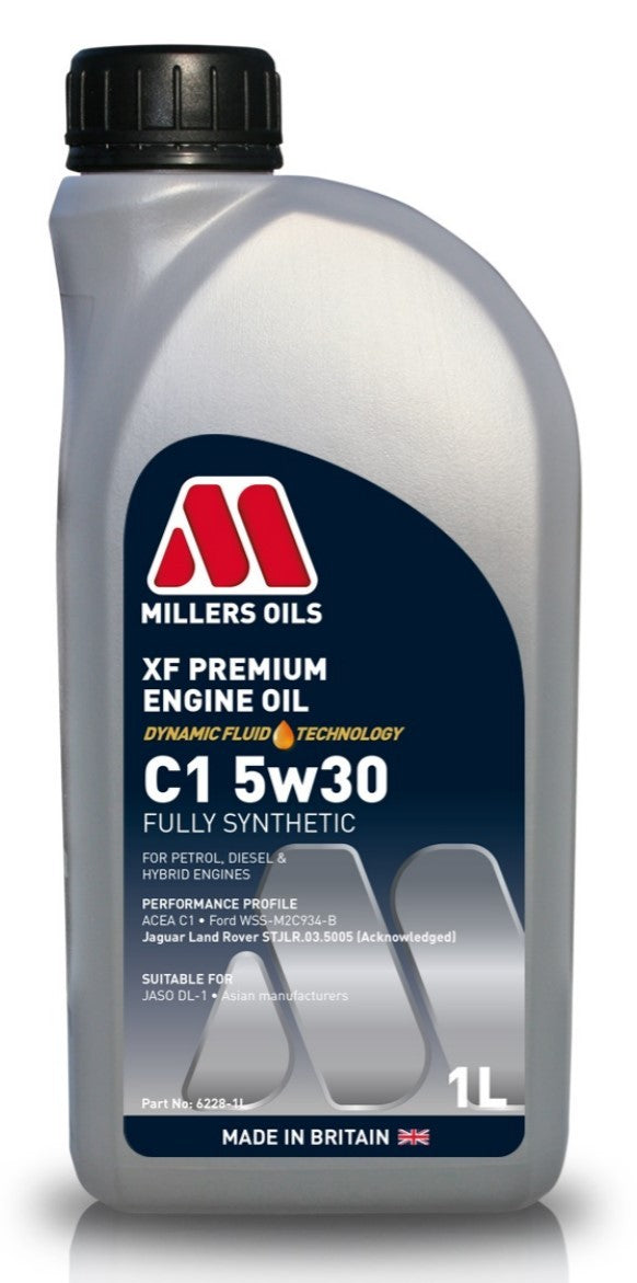 Millers Oils XF Premium C1 5W30 engine oil container, showcasing the high-quality automotive oil for engine lubrication.