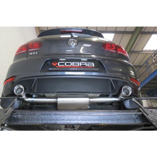 Cobra Sport VW Golf GTI Mk6 2.0 TSI cat back performance exhaust installed on a black hatchback vehicle.