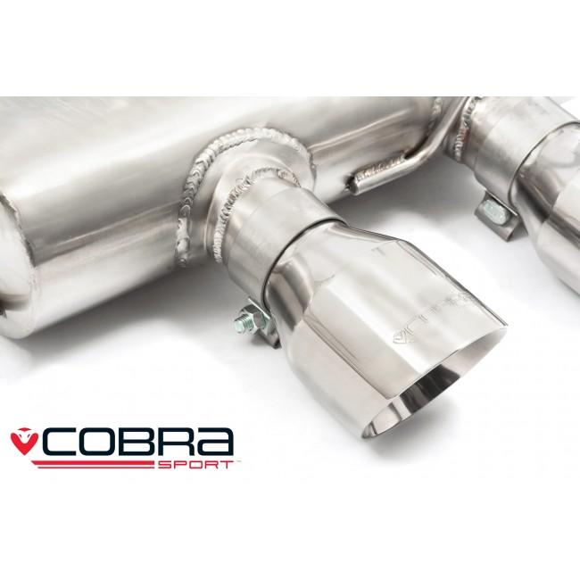 Cobra Sport VW Golf R Mk6 2.0 TSI cat back performance exhaust system installed on black car, showcasing the exhaust tips and piping.