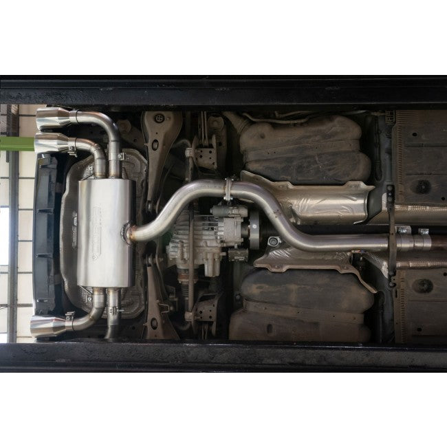 Cobra Sport VW Golf R Mk7.5 2.0 TSI cat back performance exhaust system installed on a black car, showing the exhaust tips.