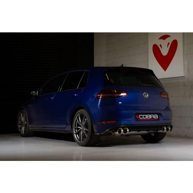 Cobra Sport VW Golf R Mk7.5 2.0 TSI cat back performance exhaust system, black metal with dual tailpipes, installed on car.