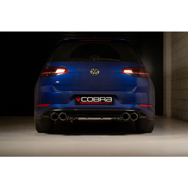 Cobra Sport cat back exhaust for VW Golf R Mk7.5 2.0 TSI, showing the stainless steel exhaust system installed on the vehicle.