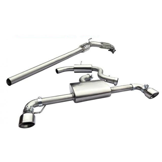 Cobra Sport VW Scirocco R 2.0 TSI turbo back exhaust system installed, showing polished stainless steel pipes and muffler.